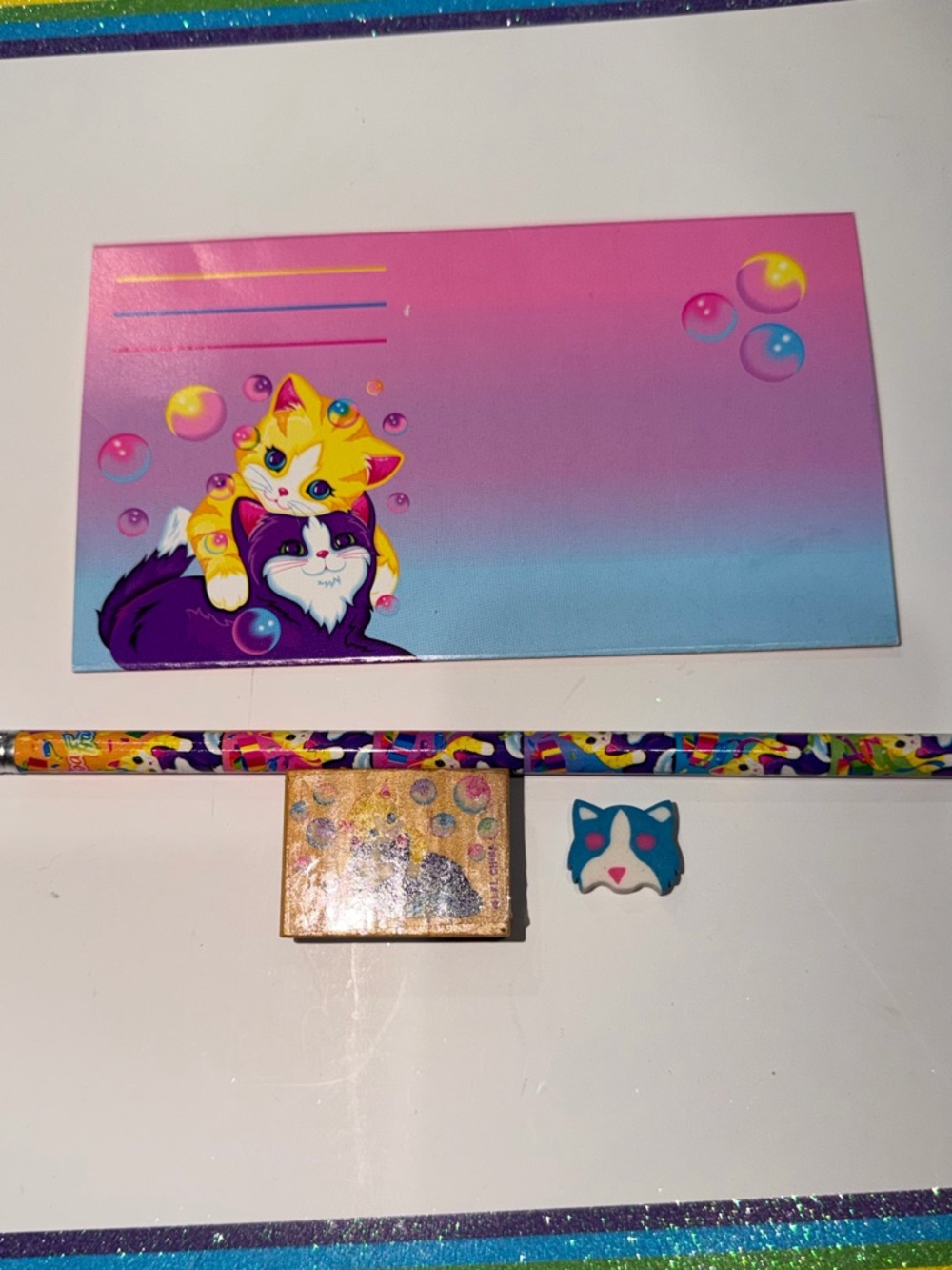Lisa Frank Pink and Blue Cat Desk Set with Playful Bubble Design